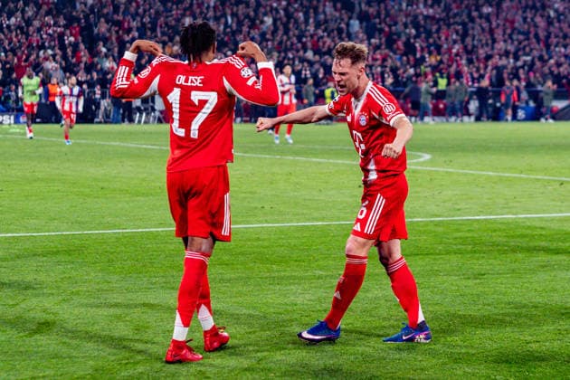 15.04.2026, FC Bayern München vs. Real Madrid, UEFA Champions League, Viertelfinale-Rückspiel Joshua Kimmich (FC Bayern Muenchen, 6) Jubel zum Tor zum 4:3 hier mit Michael Olise (FC Bayern Muenchen, 17) Regulations prohibit any use of photographs as image sequences and or quasi video Copyright: xBahhoxKarax