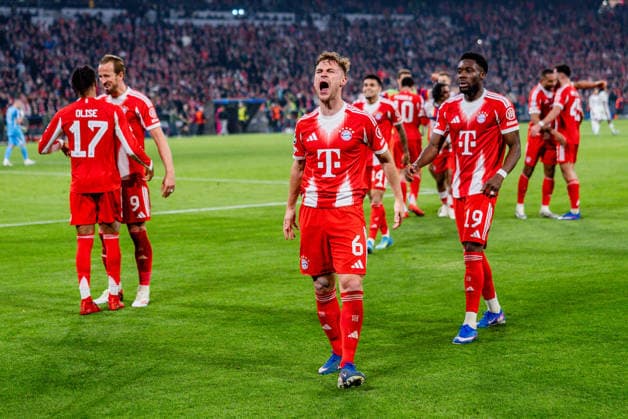 15.04.2026, FC Bayern München vs. Real Madrid, UEFA Champions League, Viertelfinale-Rückspiel Joshua Kimmich (FC Bayern Muenchen, 6) Jubel zum Tor zum 4:3 Regulations prohibit any use of photographs as image sequences and or quasi video Copyright: xBahhoxKarax