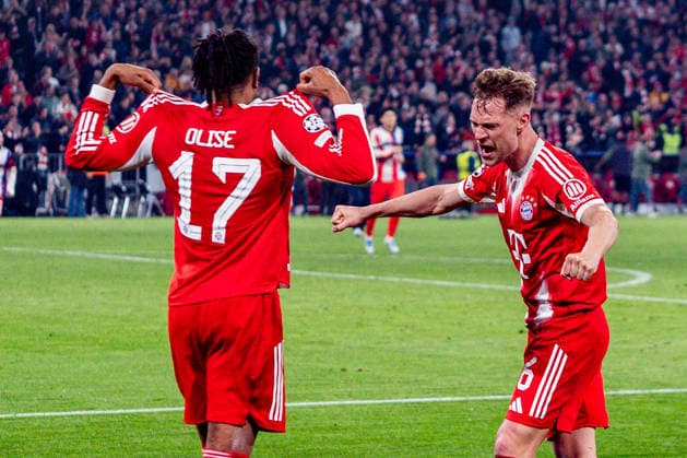15.04.2026, FC Bayern München vs. Real Madrid, UEFA Champions League, Viertelfinale-Rückspiel Joshua Kimmich (FC Bayern Muenchen, 6) Jubel zum Tor zum 4:3 hier mit Michael Olise (FC Bayern Muenchen, 17) Regulations prohibit any use of photographs as image sequences and or quasi video Copyright: xBahhoxKarax