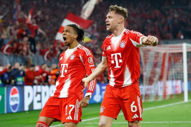 15.04.2026, xjrdrx, Fussball UEFA Champions League, FC Bayern Muenchen - Real Madrid v.l. Torjubel nach dem Tor zum celebrating the goal celebrate 4:3 durch Michael Olise (FC Bayern Muenchen) mit Joshua Kimmich (FC Bayern Muenchen) (DFL DFB REGULATIONS PROHIBIT ANY USE OF PHOTOGRAPHS as IMAGE SEQUENCES and or QUASI-VIDEO) Muenchen