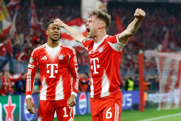 15.04.2026, xjrdrx, Fussball UEFA Champions League, FC Bayern Muenchen - Real Madrid v.l. Torjubel nach dem Tor zum celebrating the goal celebrate 4:3 durch Michael Olise (FC Bayern Muenchen) mit Joshua Kimmich (FC Bayern Muenchen) (DFL DFB REGULATIONS PROHIBIT ANY USE OF PHOTOGRAPHS as IMAGE SEQUENCES and or QUASI-VIDEO) Muenchen