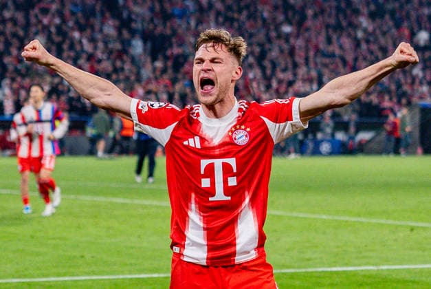 15.04.2026, FC Bayern München vs. Real Madrid, UEFA Champions League, Viertelfinale-Rückspiel Joshua Kimmich (FC Bayern Muenchen, 6) Jubel zum Tor zum 4:3 hier mit Michael Olise (FC Bayern Muenchen, 17) Regulations prohibit any use of photographs as image sequences and or quasi video Copyright: xBahhoxKarax