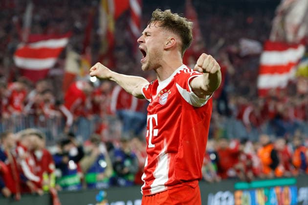 15.04.2026, xjrdrx, Fussball UEFA Champions League, FC Bayern Muenchen - Real Madrid v.l. Jubel, Freude über den Sieg Joshua Kimmich (FC Bayern Muenchen) (DFL DFB REGULATIONS PROHIBIT ANY USE OF PHOTOGRAPHS as IMAGE SEQUENCES and or QUASI-VIDEO) Muenchen