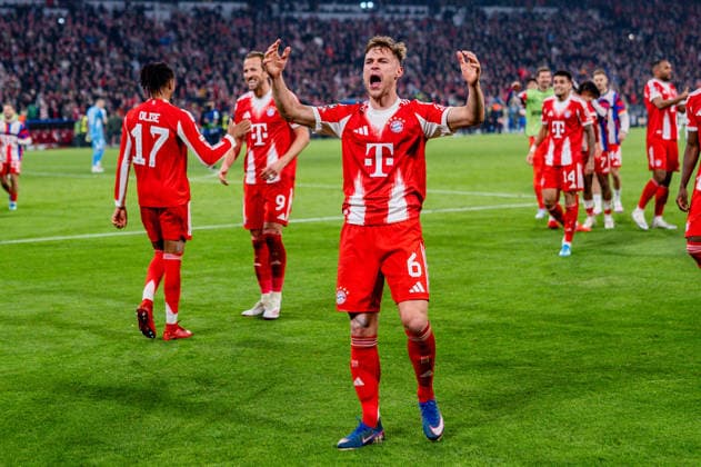15.04.2026, FC Bayern München vs. Real Madrid, UEFA Champions League, Viertelfinale-Rückspiel Joshua Kimmich (FC Bayern Muenchen, 6) Jubel zum Tor zum 4:3 Regulations prohibit any use of photographs as image sequences and or quasi video Copyright: xBahhoxKarax
