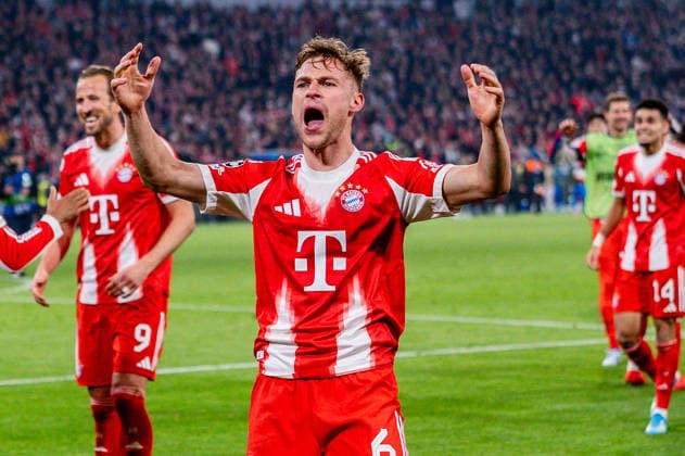 15.04.2026, FC Bayern München vs. Real Madrid, UEFA Champions League, Viertelfinale-Rückspiel Joshua Kimmich (FC Bayern Muenchen, 6) Jubel zum Tor zum 4:3 Regulations prohibit any use of photographs as image sequences and or quasi video Copyright: xBahhoxKarax
