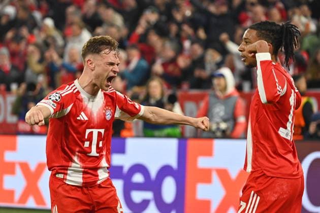 Schlussjubel Joshua KIMMICH (Bayern Muenchen) mit Michael OLISE (Bayern Muenchen) Jubel,Freude,Begeisterung,Aktion. Fussball Champions League,Saison 2025 26, Viertelfinale FC Bayern-Muenchen -Real Madrid am 15.04.2026 A L L I A N Z A R E N A.