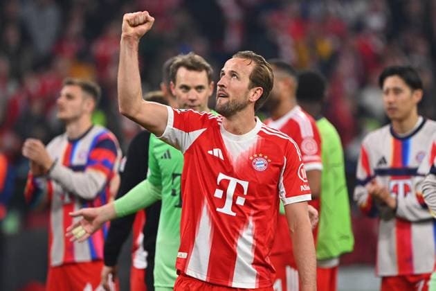 Schlussjubel Harry KANE (Bayern Muenchen),Jubel,Freude,Begeisterung, Fussball Champions League,Saison 2025 26, Viertelfinale FC Bayern-Muenchen -Real Madrid am 15.04.2026 A L L I A N Z A R E N A.