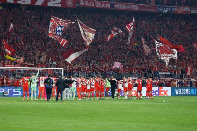 15.04.2026, xjrdrx, Fussball UEFA Champions League, FC Bayern Muenchen - Real Madrid v.l. Jubel, Freude über den Sieg (DFL DFB REGULATIONS PROHIBIT ANY USE OF PHOTOGRAPHS as IMAGE SEQUENCES and or QUASI-VIDEO) Muenchen