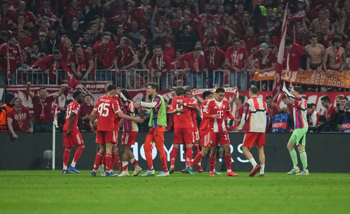 Harry Kane (Bayern Munich) celebrate during Bayern Munich and Real Madrid, UEFA Champions league Quarter Final UEFA Champions League, at Allianz Arena, Munich, Germany on April 15, 2026. Thor Wegner DeFodi Images. (Photo by DeFodi Images) -