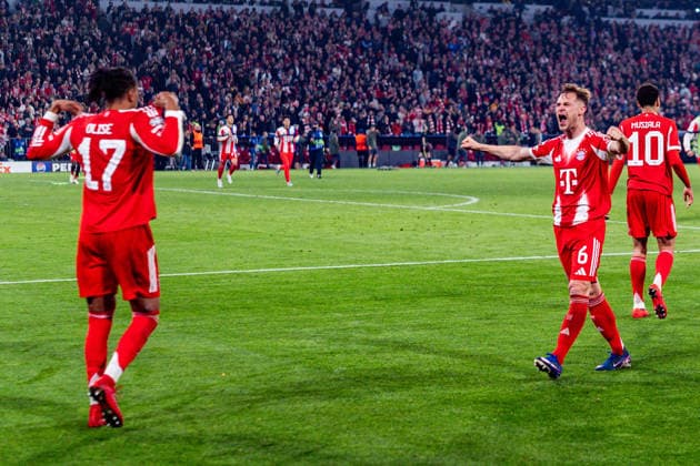 15.04.2026, FC Bayern München vs. Real Madrid, UEFA Champions League, Viertelfinale-Rückspiel Joshua Kimmich (FC Bayern Muenchen, 6) Jubel zum Tor zum 4:3 hier mit Michael Olise (FC Bayern Muenchen, 17) Regulations prohibit any use of photographs as image sequences and or quasi video Copyright: xBahhoxKarax