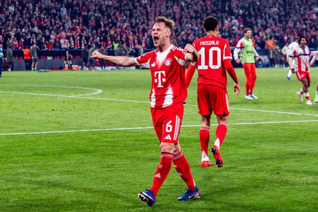 15.04.2026, FC Bayern München vs. Real Madrid, UEFA Champions League, Viertelfinale-Rückspiel Joshua Kimmich (FC Bayern Muenchen, 6) Jubel zum Tor zum 4:3 hier mit Michael Olise (FC Bayern Muenchen, 17) Regulations prohibit any use of photographs as image sequences and or quasi video Copyright: xBahhoxKarax