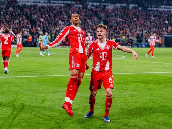 15.04.2026, FC Bayern München vs. Real Madrid, UEFA Champions League, Viertelfinale-Rückspiel Joshua Kimmich (FC Bayern Muenchen, 6) Jubel zum Tor zum 4:3 hier mit Michael Olise (FC Bayern Muenchen, 17) Regulations prohibit any use of photographs as image sequences and or quasi video Copyright: xBahhoxKarax