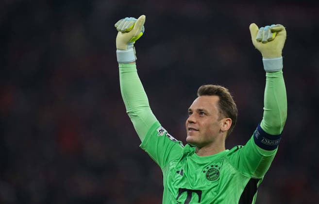 Manuel Neuer (Bayern Munich) celebrate during Bayern Munich and Real Madrid, UEFA Champions league Quarter Final UEFA Champions League, at Allianz Arena, Munich, Germany on April 15, 2026. Thor Wegner DeFodi Images. (Photo by DeFodi Images) -