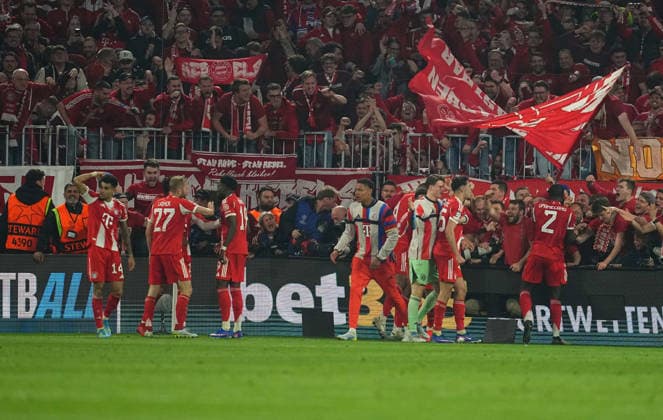 Michael Olise (Bayern Munich) scores and celebrates his teams fourth goal during Bayern Munich and Real Madrid, UEFA Champions league Quarter Final UEFA Champions League, at Allianz Arena, Munich, Germany on April 15, 2026. Thor Wegner DeFodi Images. (Photo by DeFodi Images) -