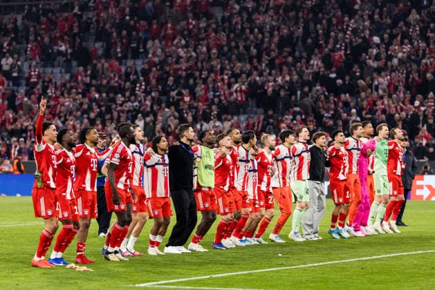MUNICH, GERMANY - APRIL 15: Players of FC Bayern Muenchen celebrate winning the UEFA Champions League match between FC Bayern Muenchen vs. Real Madrid at Allianz Arena on the second leg of quarter finals of the UEFA Champions League on April 15, 2026 in Munich, Germany. Bavaria Germany Copyright: xSteffiexWunderlx