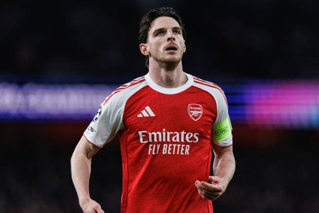 Declan Rice seen during UEFA Champions League quarterfinal game between teams of Arsenal FC and Sporting CP at Emirates Stadium (Maciej Rogowski Ball Raw Images) London Emirates Stadium United Kingdom Copyright: xMaciejxRogowskix MaciejRogowskiArsenalSporting2526149