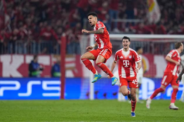April 15, 2026, Munich, Bavaria, Germany: Luis Diaz of Bayern Munich celebrates a goal during the UEFA Champions League 2025 26 Quarter-Final Second Leg match between FC Bayern MoÂ¼nchen and Real Madrid CF at Allianz Arena on April 15, 2026 in Munich, Germany. Munich Germany - ZUMAa181 20260415_zaa_a181_301 Copyright: xDennisxAgyemanx
