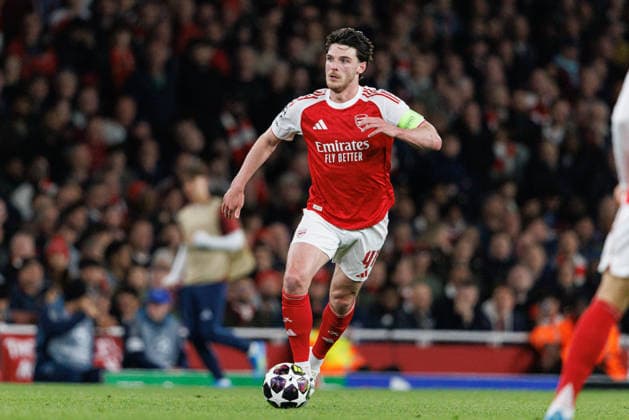 Declan Rice seen during UEFA Champions League quarterfinal game between teams of Arsenal FC and Sporting CP at Emirates Stadium (Maciej Rogowski Ball Raw Images) London Emirates Stadium United Kingdom Copyright: xMaciejxRogowskix MaciejRogowskiArsenalSporting2526257