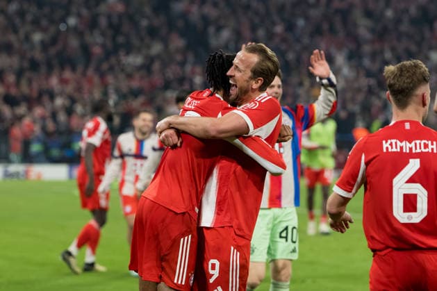 GER, Bavaria, Munich, Fussball, FC Bayern Munich - Real Madrid CF, at the Allianz Arena, Munich, Champions League, Quarter finals, second leg, April 15, 2026, from left: Michael Akpovie Olise (FC Bayern Muenchen, 17), Harry Kane (FC Bayern Muenchen, 9), Torjubel, Freude, Emotionen, Jubel, Feiern, Goal Scored, Celebrate, goal celebration, joy, emotions, celebration, cheering, goal scored, celebrate UEFA regulations prohibit any use of photographs as image sequences and or quasi-video, Munich Allianz Arena Bavaria Germany Copyright: xMichaelxNibelx