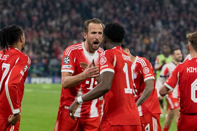 GER, Bavaria, Munich, Fussball, FC Bayern Munich - Real Madrid CF, at the Allianz Arena, Munich, Champions League, Quarter finals, second leg, April 15, 2026, from left: Harry Kane (FC Bayern Muenchen, 9), Alphonso Davies (FC Bayern Muenchen, 19), Torjubel, Freude, Emotionen, Jubel, Feiern, Goal Scored, Celebrate, goal celebration, joy, emotions, celebration, cheering, goal scored, celebrate UEFA regulations prohibit any use of photographs as image sequences and or quasi-video, Munich Allianz Arena Bavaria Germany Copyright: xMichaelxNibelx