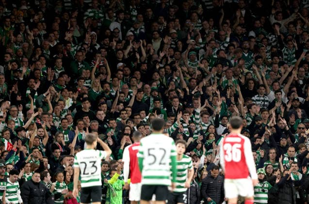 Sporting fans at the Arsenal v Sporting Club Portugal UEFA Champions League match, at the Emirates Stadium, London, UK on 15th April, 2026. 