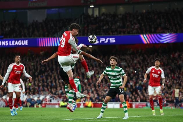 Kai Havertz of Arsenal with a header on goal Arsenal v Sporting, UEFA Champions League, Quarter Final, Second Leg, Football, Emirates Stadium, London, UK - 15 Apr 2026London Emirates Stadium United Kingdom EDITORIAL USE ONLY No use with unauthorised audio, video, data, fixture lists, club league logos or live services. Online in-match use limited to 120 images, no video emulation. No use in betting, games or single club league player publications. Copyright: xSimonxDael Shutterstockx 16828544df