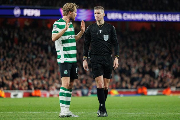 Morten Hjulmand and Francois Letexier seen during UEFA Champions League quarterfinal game between teams of Arsenal FC and Sporting CP at Emirates Stadium (Maciej Rogowski Ball Raw Images) London Emirates Stadium United Kingdom Copyright: xMaciejxRogowskix MaciejRogowskiArsenalSporting2526337
