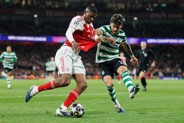 Cristhian Mosquera and Maxi Araujo seen during UEFA Champions League quarterfinal game between teams of Arsenal FC and Sporting CP at Emirates Stadium (Maciej Rogowski Ball Raw Images) London Emirates Stadium United Kingdom Copyright: xMaciejxRogowskix MaciejRogowskiArsenalSporting2526347