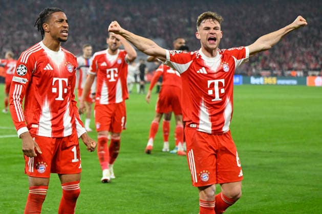 Muenchen, Allianz Arena, 15.04.26, GER, Herren, UEFA Champions League, Viertelfinale, Saison 2025-2026, FC Bayern Muenchen - Real Madrid Bild: Michael OLISE (Muenchen) jubelt nach seinem Tor zum 4:3 mit Joshua KIMMICH (Muenchen) UEFA regulations prohibit any use of photographs as image sequences and or quasi-video. Bayern Deutschland