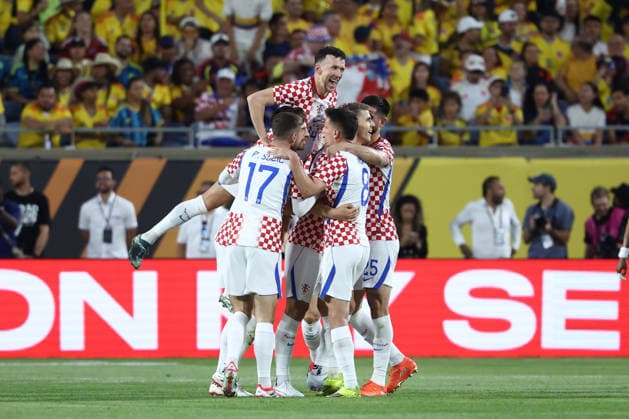 ORLANDO, FL - MARCH 26: Croatia players celebrate a goal by Croatia forward L. Vuskovic (22) in the first half during the Road to 26 match between Colombia and Croatia on Thursday, March 26, 2026 at Camping World Stadium in Orlando, FL (Photo by Peter Joneleit Icon Sportswire) SOCCER: MAR 26 Road to 26 Colombia vs Croatia EDITORIAL USE ONLY Icon260326036