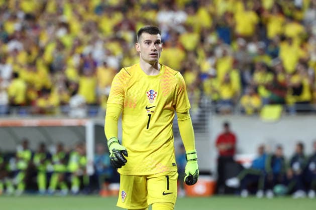 ORLANDO, FL - MARCH 26: Croatia goalkeeper Dominik Livakovic (1) looks toward the stands before a goal kick in the first half during the Road to 26 match between Colombia and Croatia on Thursday, March 26, 2026 at Camping World Stadium in Orlando, FL (Photo by Peter Joneleit Icon Sportswire) SOCCER: MAR 26 Road to 26 Colombia vs Croatia EDITORIAL USE ONLY Icon260326088