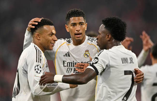 TOR zum 2:3 Kylian Mbappe Real Madrid (10) Torjubel Jude Bellingham Real Madrid (05) Vinicius Junior Real Madrid (07) FC Bayern Muenchen FCB vs Real Madrid UEFA CL Champions League Viertelfinale Rueckspiel 15.04.2026 DFL REGULATIONS PROHIBIT ANY USE OF PHOTOGRAPHS AS IMAGE SEQUENCES AND OR QUASI-VIDEO FC Bayern Muenchen FCB vs Real Madrid CL Champions League