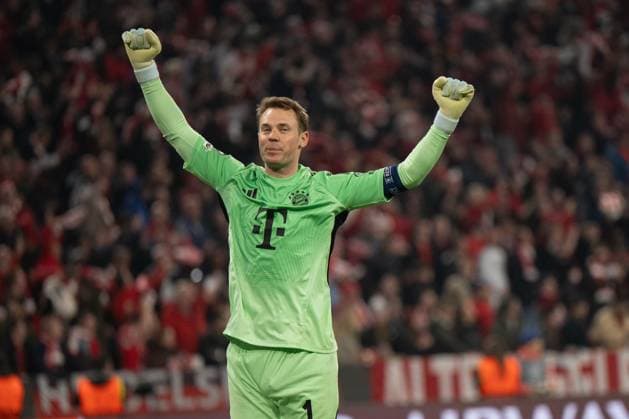 Manuel Neuer 1 (FC Bayern Muenchen) jubelt nach dem Schlusspfiff, FC Bayern Muenchen vs Real Madrid, Fussball, Champions League, Viertelfinale, 15.04.2026 Muenchen Bayern Deutschland