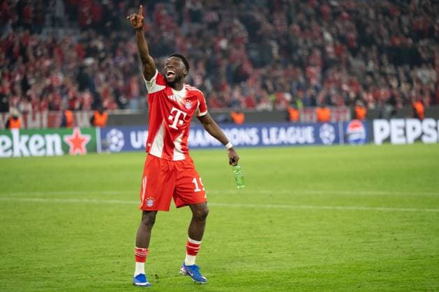 Alphonso Davies 19 (FC Bayern Muenchen) schreit seine Freude heraus, FC Bayern Muenchen vs Real Madrid, Fussball, Champions League, Viertelfinale, 15.04.2026 Muenchen Bayern Deutschland