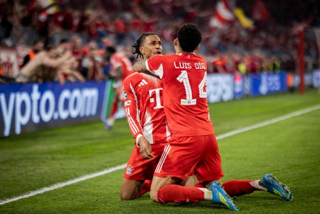 Munich, Germany. 15th Apr 2026. Goal celebration: Michael Olise (FCB) Luis Diaz (FCB) FC Bayern München - Real Madrid 15.04.2026