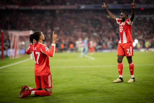 Munich, Germany. 15th Apr 2026. Goal celebration: Michael Olise (FCB) Dayot Upamecano (FCB) FC Bayern München - Real Madrid 15.04.2026