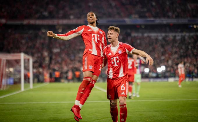 Munich, Germany. 15th Apr 2026. Goal celebration: Michael Olise (FCB) Joshua Kimmich (FCB) FC Bayern München - Real Madrid 15.04.2026