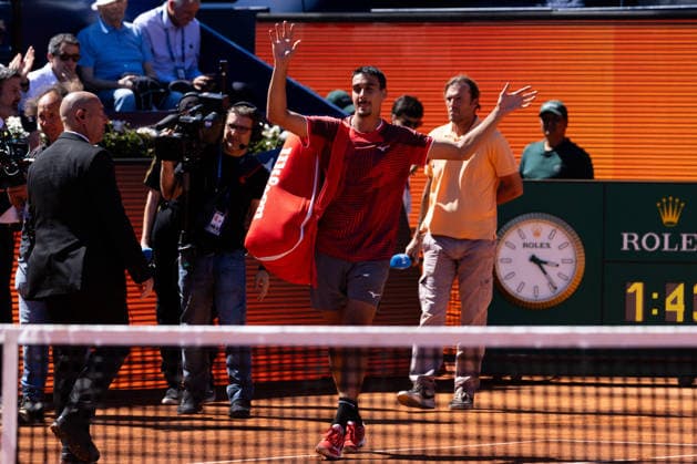 April 16, 2026, Barcelona, Barcelona, Spain: Italian professional ATP, Tennis Herren Tour tennis player LORENZO SONEGO (ITA) in action during the round of 16 match against ANDREY RUBLEV (RUS) at the Barcelona Open Banc Sabadell ATP 500 tennis tournament at the Real Club de Tenis Barcelona on April 16, 2026 in Barcelona, Spain. Barcelona Spain - ZUMAs316 20260416_znp_s316_008 Copyright: xMartixSeguraxRamonedax