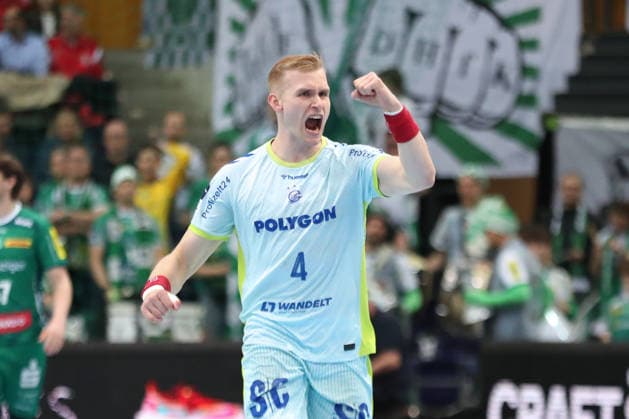 Handball DAIKIN HBL, SC DHfK Leipzig - VfL Gummersbach; 16.04.2026 Ellidi Vidarsson (4, VfL Gummersbach) mit kraftvollem Jubel. Handball, DAIKIN HBL, 1. Bundesliga, Saison 2025 2026, 21. Spieltag (Nachholer): SC DHfK Leipzig vs. VfL Gummersbach am 16.04.2026 in der Quarterback Immobilien Arena Leipzig. Copyright: xBEAUTIFULxSPORTS JanxKaeferx