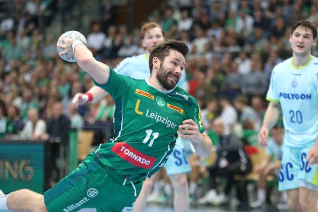 Handball DAIKIN HBL, SC DHfK Leipzig - VfL Gummersbach; 16.04.2026 Lukas Binder (11, SC DHfK Leipzig) wirft. Handball, DAIKIN HBL, 1. Bundesliga, Saison 2025 2026, 21. Spieltag (Nachholer): SC DHfK Leipzig vs. VfL Gummersbach am 16.04.2026 in der Quarterback Immobilien Arena Leipzig. Copyright: xBEAUTIFULxSPORTS JanxKaeferx