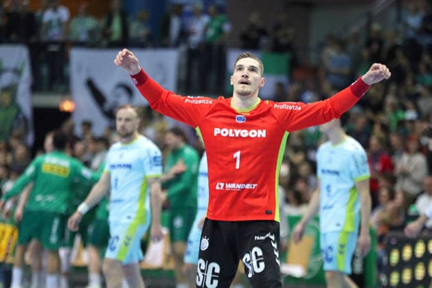 Handball DAIKIN HBL, SC DHfK Leipzig - VfL Gummersbach; 16.04.2026 Torwart Dominik Kuzmanovic (1, VfL Gummersbach). Handball, DAIKIN HBL, 1. Bundesliga, Saison 2025 2026, 21. Spieltag (Nachholer): SC DHfK Leipzig vs. VfL Gummersbach am 16.04.2026 in der Quarterback Immobilien Arena Leipzig. Copyright: xBEAUTIFULxSPORTS JanxKaeferx