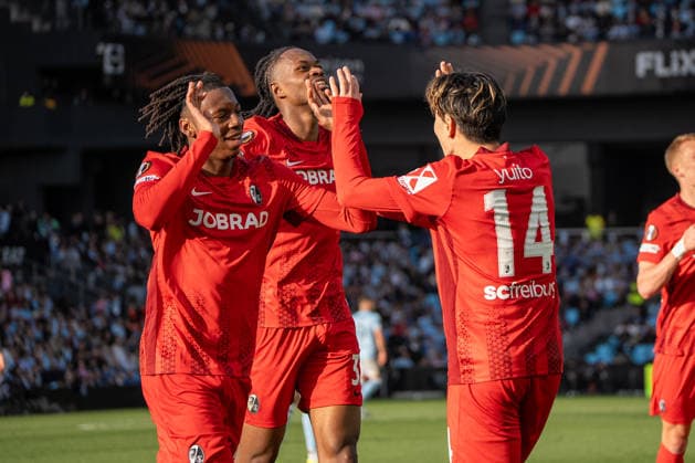 Yuito Suzuki celebrating with Johan Manzambi seen during UEFA Europa League quarterfinal game between teams of RC Celta de Vigo and SC Freiburg at Estadio de Balaidos (Marta Lopez Ball Raw Images PT) Vigo Estadio de Balaidos Spain Copyright: xMartaxLopezx ML_CELvSB-19