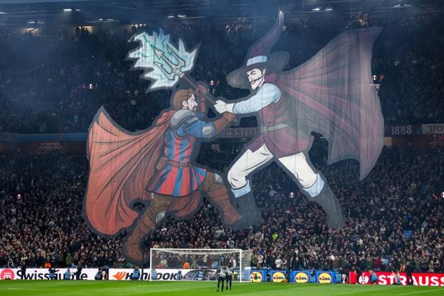 A Tifo is dispayed ahead of the game. Aston Villa v Bologna, UEFA Europa League, Quarter Final, Second Leg, Football, Villa Park, Birmingham, UK - 16 Apr 2026Birmingham Villa Park United Kingdom EDITORIAL USE ONLY No use with unauthorised audio, video, data, fixture lists, club league logos or live services. Online in-match use limited to 120 images, no video emulation. No use in betting, games or single club league player publications.  Copyright: xRyanxBrowne Shutterstockx 16828672ak
