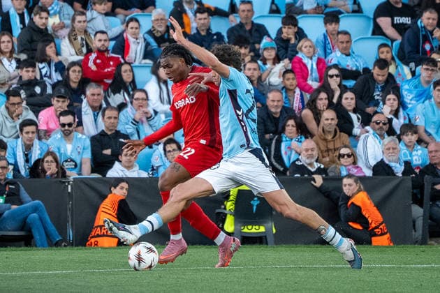 Javi Rodriguez and Cyriaque Irieseen during UEFA Europa League quarterfinal game between teams of RC Celta de Vigo and SC Freiburg at Estadio de Balaidos (Marta Lopez Ball Raw Images PT) Vigo Estadio de Balaidos Spain Copyright: xMartaxLopezx ML_CELvSB-37
