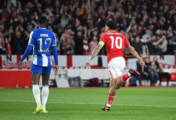 Nottingham, England, 16th April 2026. Morgan Gibbs White of Nottingham Forest turns to celebrate scoring their first goal during the Nottingham Forest vs FC Porto UEFA Europa League quarter final 2nd leg match at the City Ground, Nottingham. Picture credit should read: Harriet Massey Sportimage EDITORIAL USE ONLY. No use with unauthorised audio, video, data, fixture lists, club league logos or live services. Online in-match use limited to 120 images, no video emulation. No use in betting, games or single club league player publications. SPI_032_FOREST_V_PORTO SPI-4690-0035