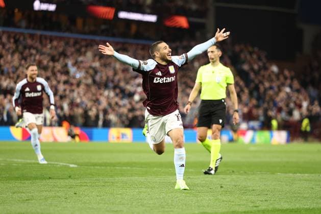 Emi Buendia of Aston Villa celebrates a goal 2-0. Aston Villa v Bologna, UEFA Europa League, Quarter Final, Second Leg, Football, Villa Park, Birmingham, UK - 16 Apr 2026Birmingham Villa Park United Kingdom EDITORIAL USE ONLY No use with unauthorised audio, video, data, fixture lists, club league logos or live services. Online in-match use limited to 120 images, no video emulation. No use in betting, games or single club league player publications.  Copyright: xRyanxBrowne Shutterstockx 16828672be