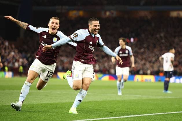 Emi Buendia of Aston Villa celebrates a goal 2-0. Aston Villa v Bologna, UEFA Europa League, Quarter Final, Second Leg, Football, Villa Park, Birmingham, UK - 16 Apr 2026Birmingham Villa Park United Kingdom EDITORIAL USE ONLY No use with unauthorised audio, video, data, fixture lists, club league logos or live services. Online in-match use limited to 120 images, no video emulation. No use in betting, games or single club league player publications.  Copyright: xRyanxBrowne Shutterstockx 16828672bj