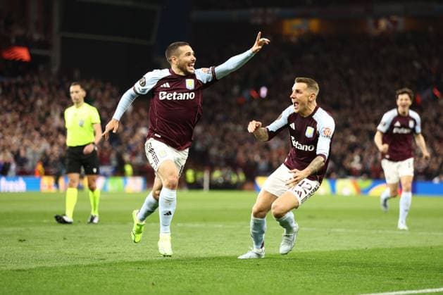 Emi Buendia of Aston Villa celebrates a goal 2-0. Aston Villa v Bologna, UEFA Europa League, Quarter Final, Second Leg, Football, Villa Park, Birmingham, UK - 16 Apr 2026Birmingham Villa Park United Kingdom EDITORIAL USE ONLY No use with unauthorised audio, video, data, fixture lists, club league logos or live services. Online in-match use limited to 120 images, no video emulation. No use in betting, games or single club league player publications.  Copyright: xRyanxBrowne Shutterstockx 16828672bg