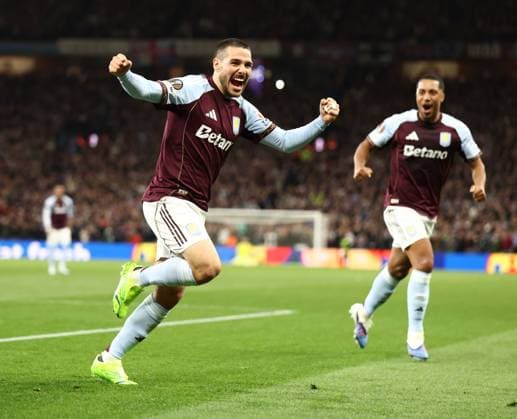 Emi Buendia of Aston Villa celebrates a goal 2-0. Aston Villa v Bologna, UEFA Europa League, Quarter Final, Second Leg, Football, Villa Park, Birmingham, UK - 16 Apr 2026Birmingham Villa Park United Kingdom EDITORIAL USE ONLY No use with unauthorised audio, video, data, fixture lists, club league logos or live services. Online in-match use limited to 120 images, no video emulation. No use in betting, games or single club league player publications.  Copyright: xRyanxBrowne Shutterstockx 16828672bm