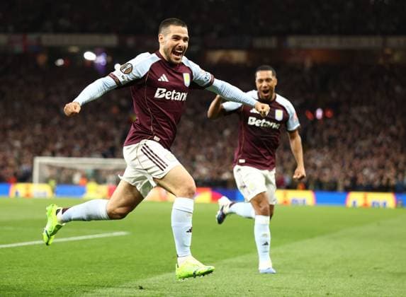 Emi Buendia of Aston Villa celebrates a goal 2-0. Aston Villa v Bologna, UEFA Europa League, Quarter Final, Second Leg, Football, Villa Park, Birmingham, UK - 16 Apr 2026Birmingham Villa Park United Kingdom EDITORIAL USE ONLY No use with unauthorised audio, video, data, fixture lists, club league logos or live services. Online in-match use limited to 120 images, no video emulation. No use in betting, games or single club league player publications.  Copyright: xRyanxBrowne Shutterstockx 16828672bn